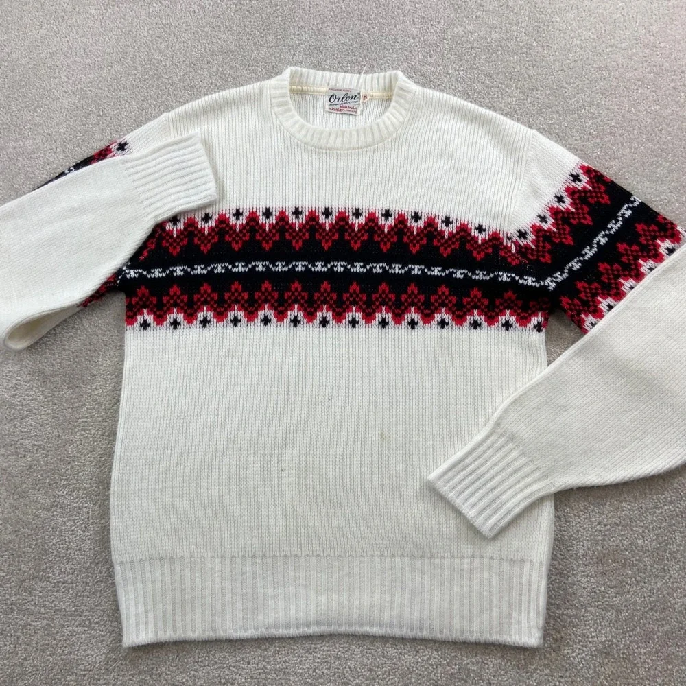 Vintage 60's Rugby Orlon Sweater Mens 42 White Red Black Fair Isle Crew Neck